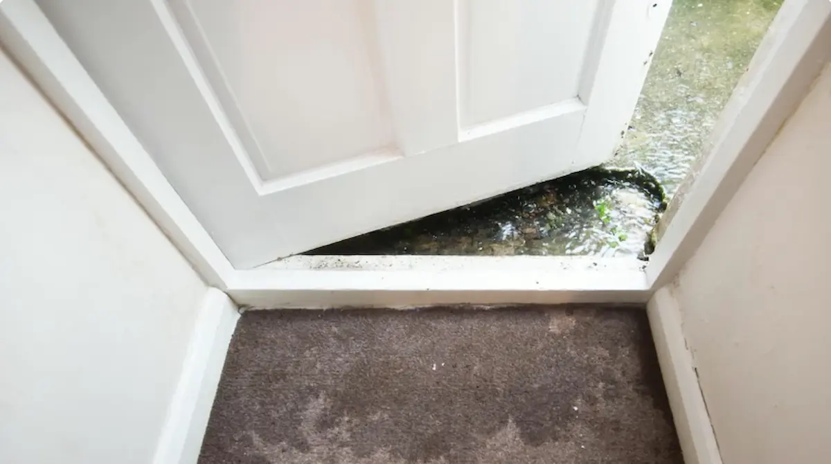 Water flooding through a doorway during an active leak emergency