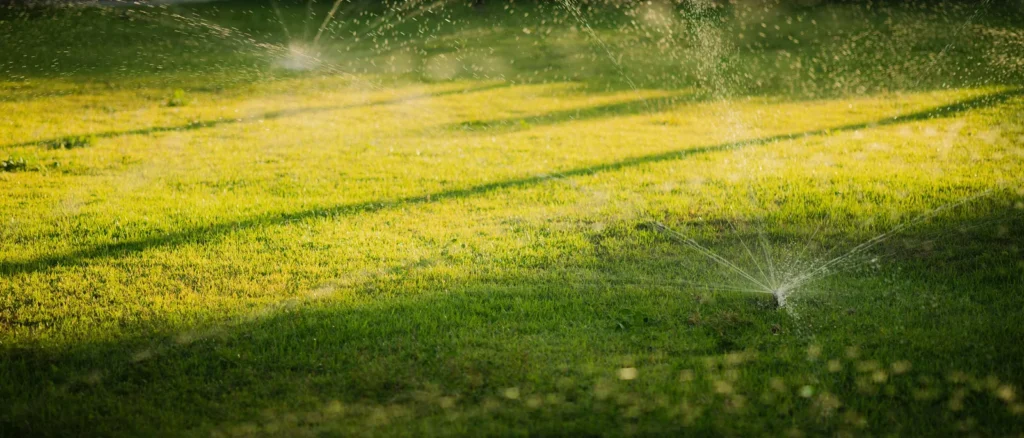 Lawn sprinklers watering grass at sunset in West Palm Beach
