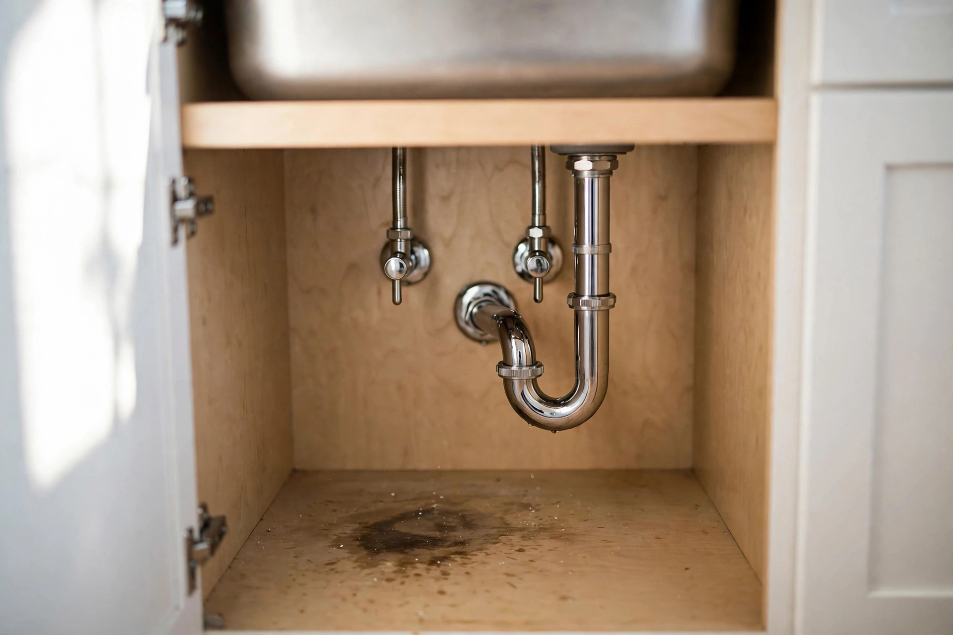 Kitchen and bathroom leak detection West Palm Beach: under-sink kitchen cabinet showing water stain from a slow leak