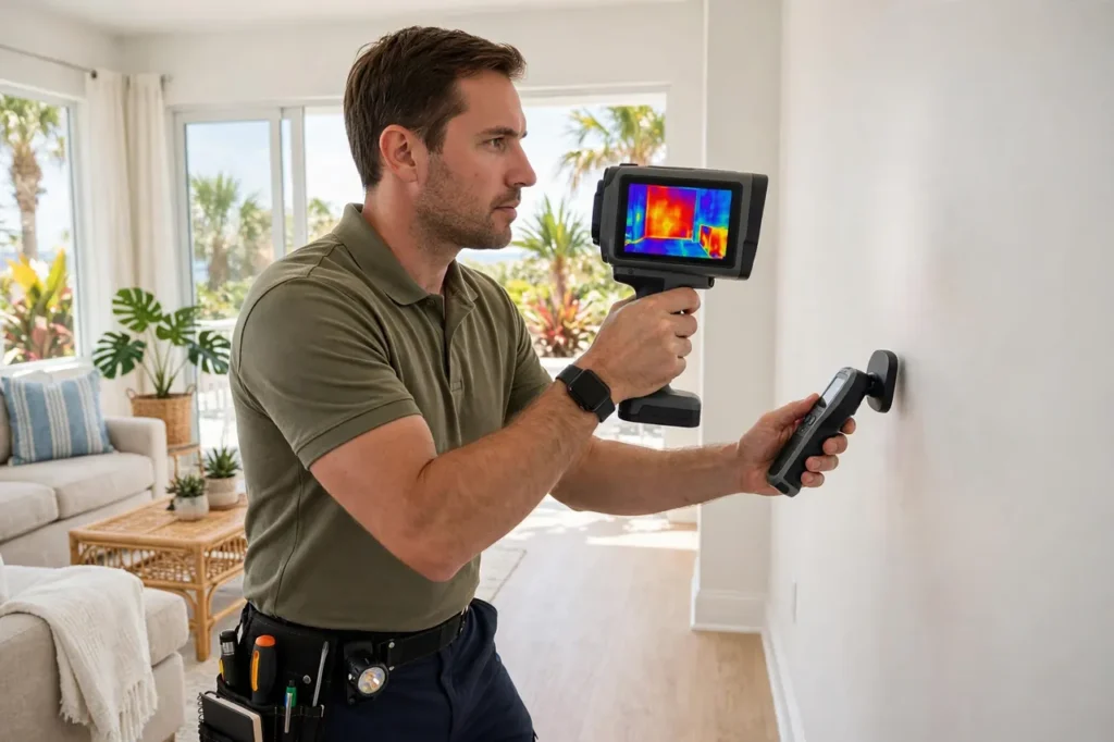 Technician using a thermal imaging camera to scan a West Palm Beach home's wall for hidden moisture during a moisture mapping inspection